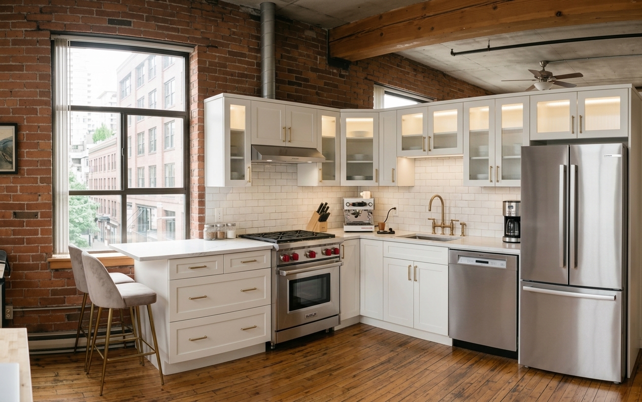Example rendered direction — warm modern with white shaker cabinets, brass hardware, marble counters, pro-grade stainless range, and a counter espresso bar