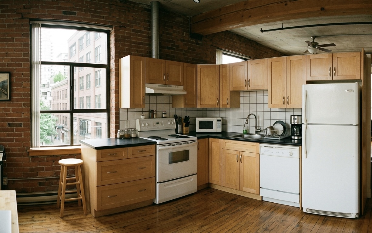 Example source photo — industrial loft kitchen with wood cabinets, white appliances, and exposed brick walls