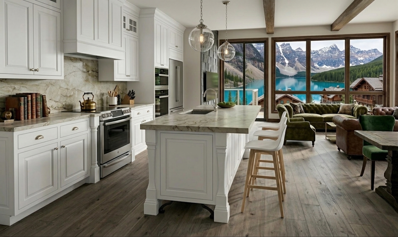 After — cabinets repainted white with stainless appliances and refreshed pendants, same Moraine Lake and Rockies view