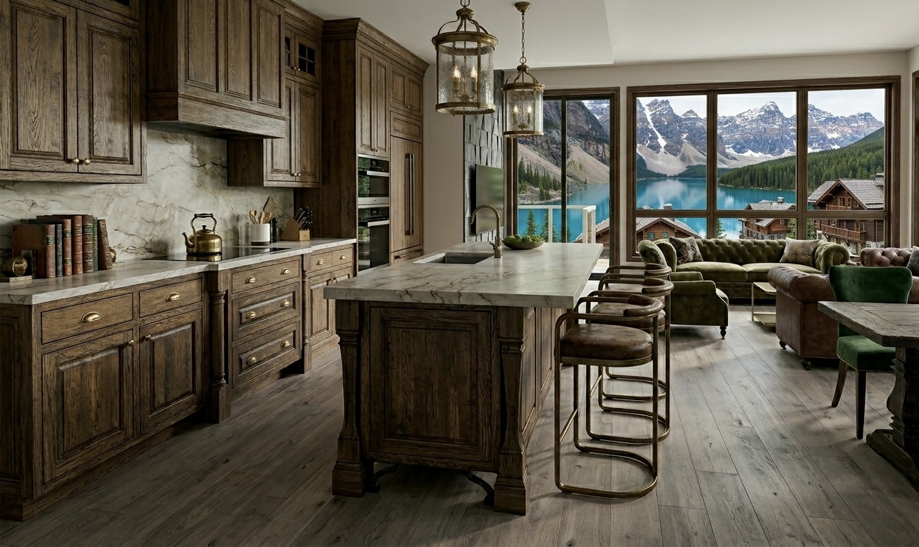 Before — dark oak cabinets with brass hardware in a lakefront Canadian Rockies kitchen overlooking Moraine Lake