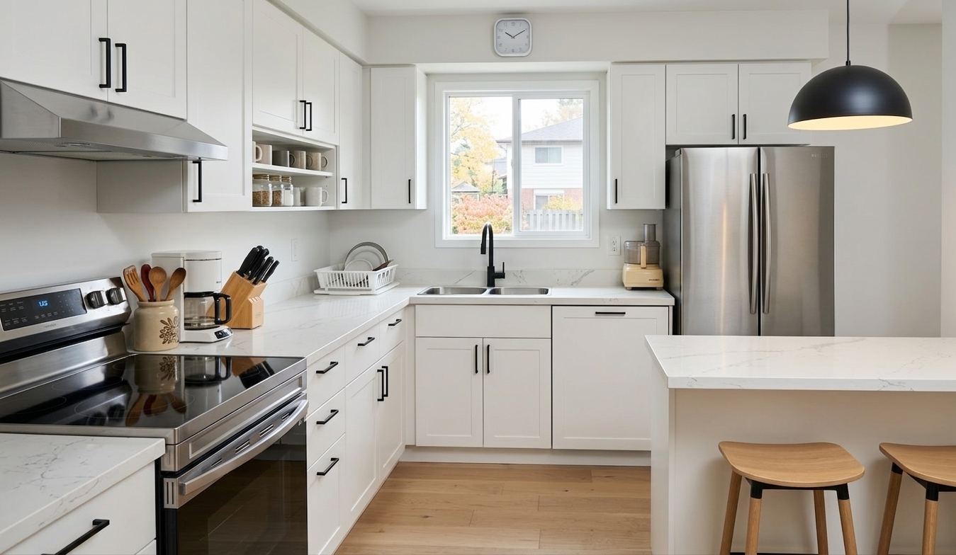 After — white shaker cabinets with matte black hardware, stainless French-door fridge, smooth-top range, quartz counters, black dome pendant, and a wood-floored island with bar stools