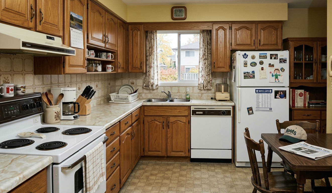 Before — dated suburban kitchen with orange oak cabinets, white appliances, laminate counters, tiled backsplash, and gingham curtains