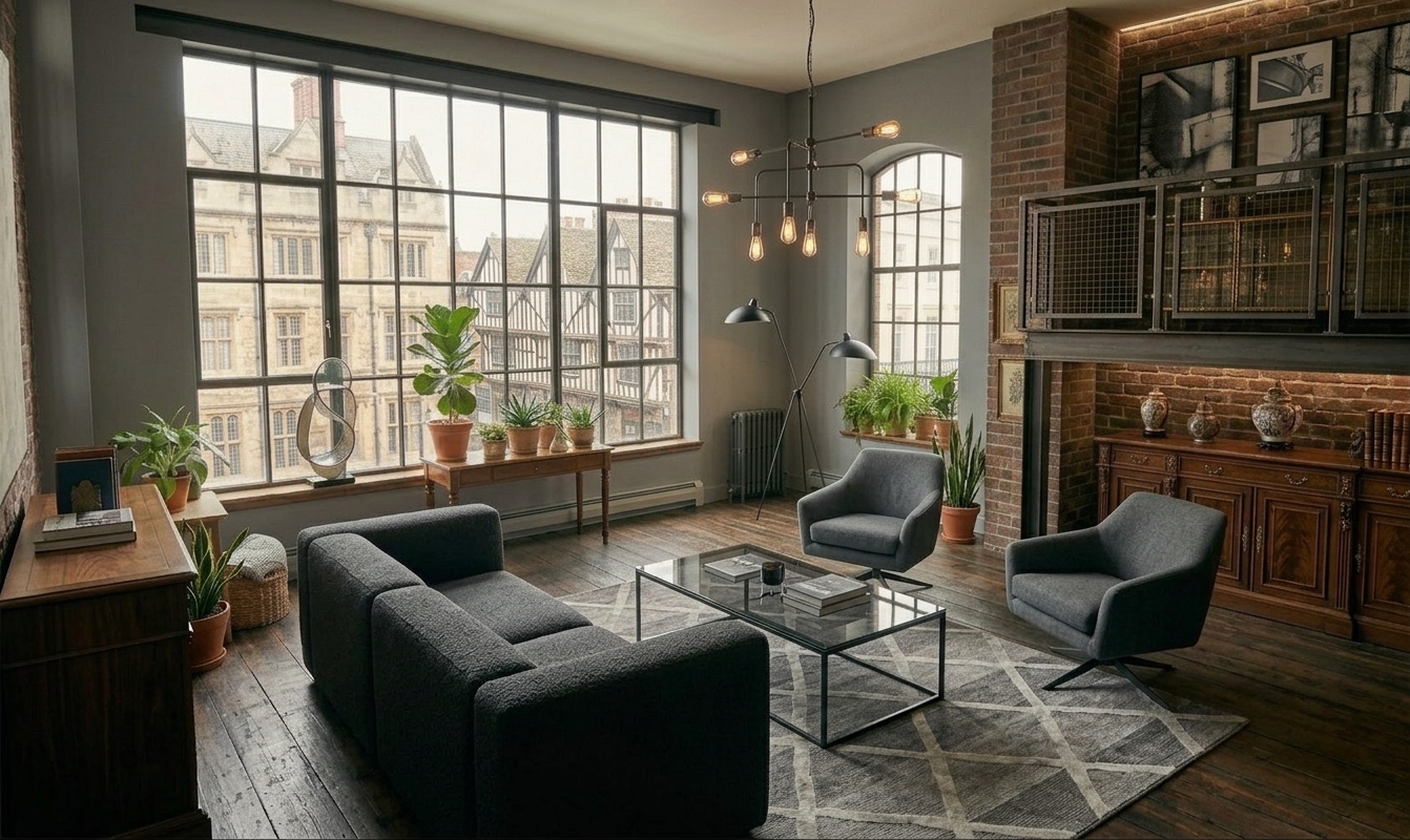 After — modern refresh with grey boucle sectional, glass coffee table, geometric rug, and Edison-bulb sputnik chandelier; brick wall and windows preserved