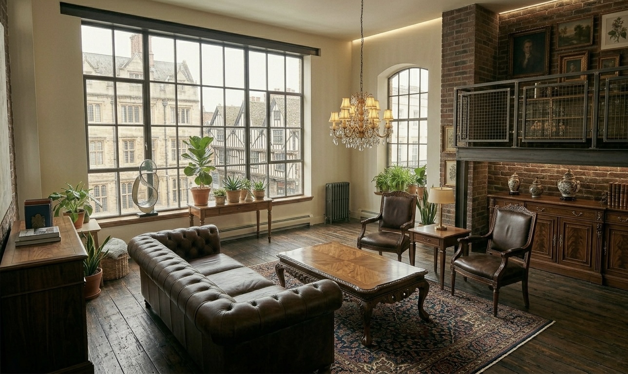 Before — traditional Brooklyn brownstone living room with tufted leather Chesterfield, carved wood coffee table, Persian rug, and brass fabric-shade chandelier