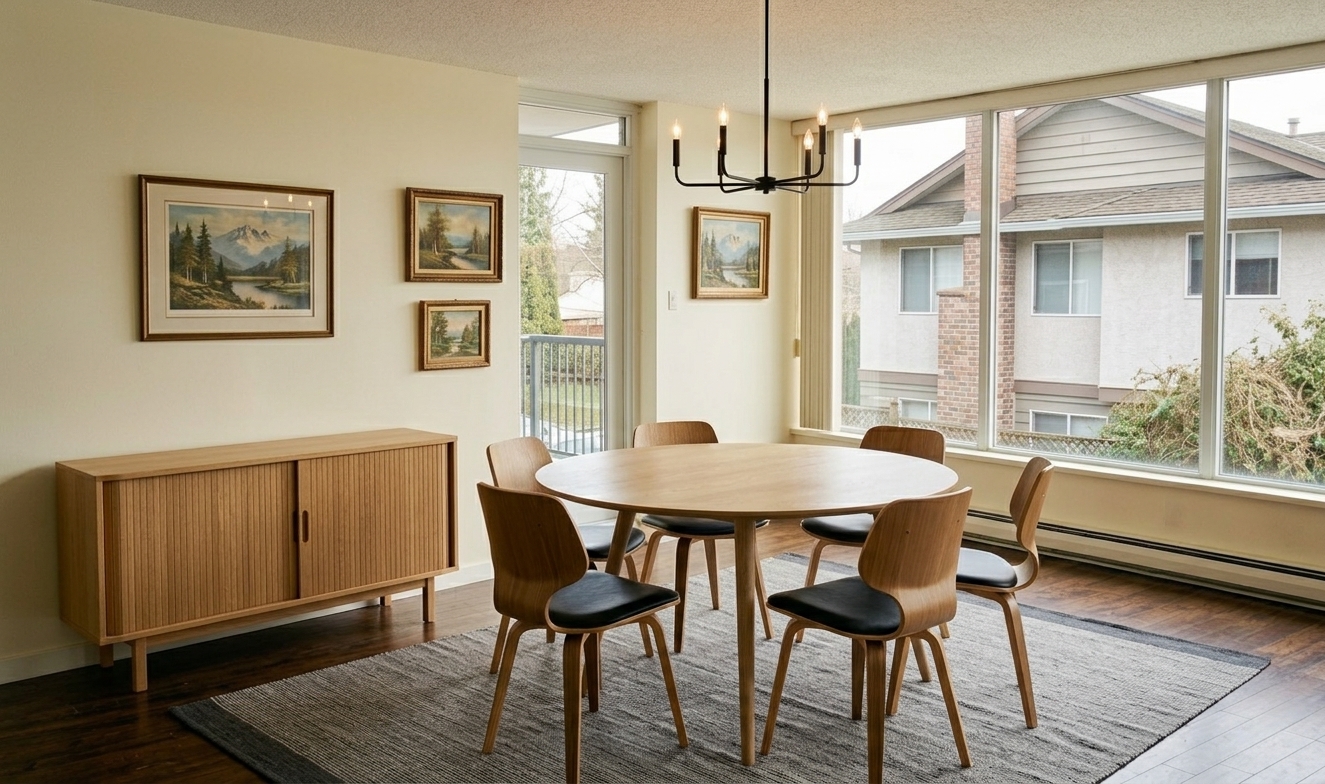 After — mid-century modern dining with tambour-front light oak sideboard, round pedestal table, bentwood leather chairs and a black linear chandelier; original landscape art preserved