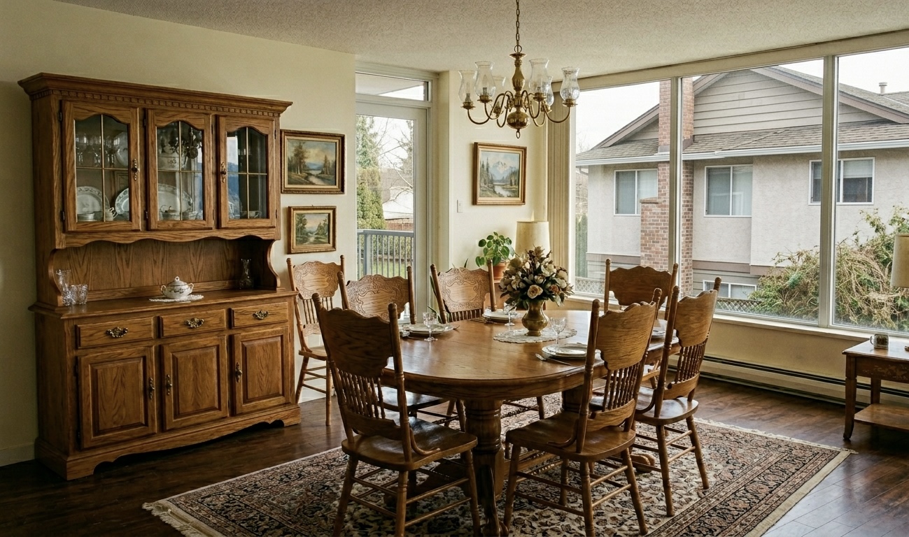 Before — traditional dining room with carved orange oak china cabinet, pressed-back chairs, oval pedestal table and burgundy Persian rug
