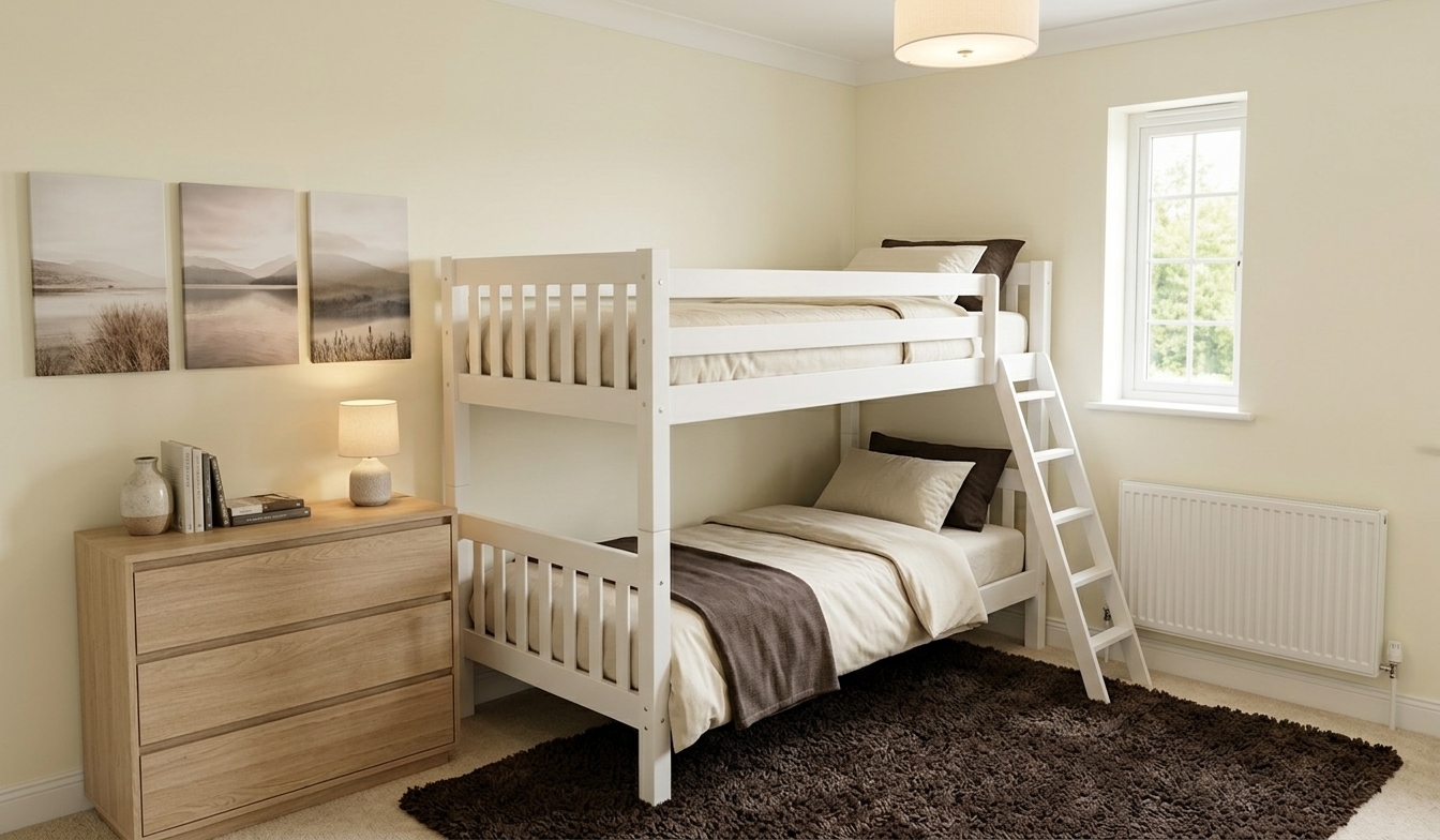 After — Airbnb-ready guest room with new white shaker bunk beds, neutral cream linens, oak dresser, and a landscape photography triptych