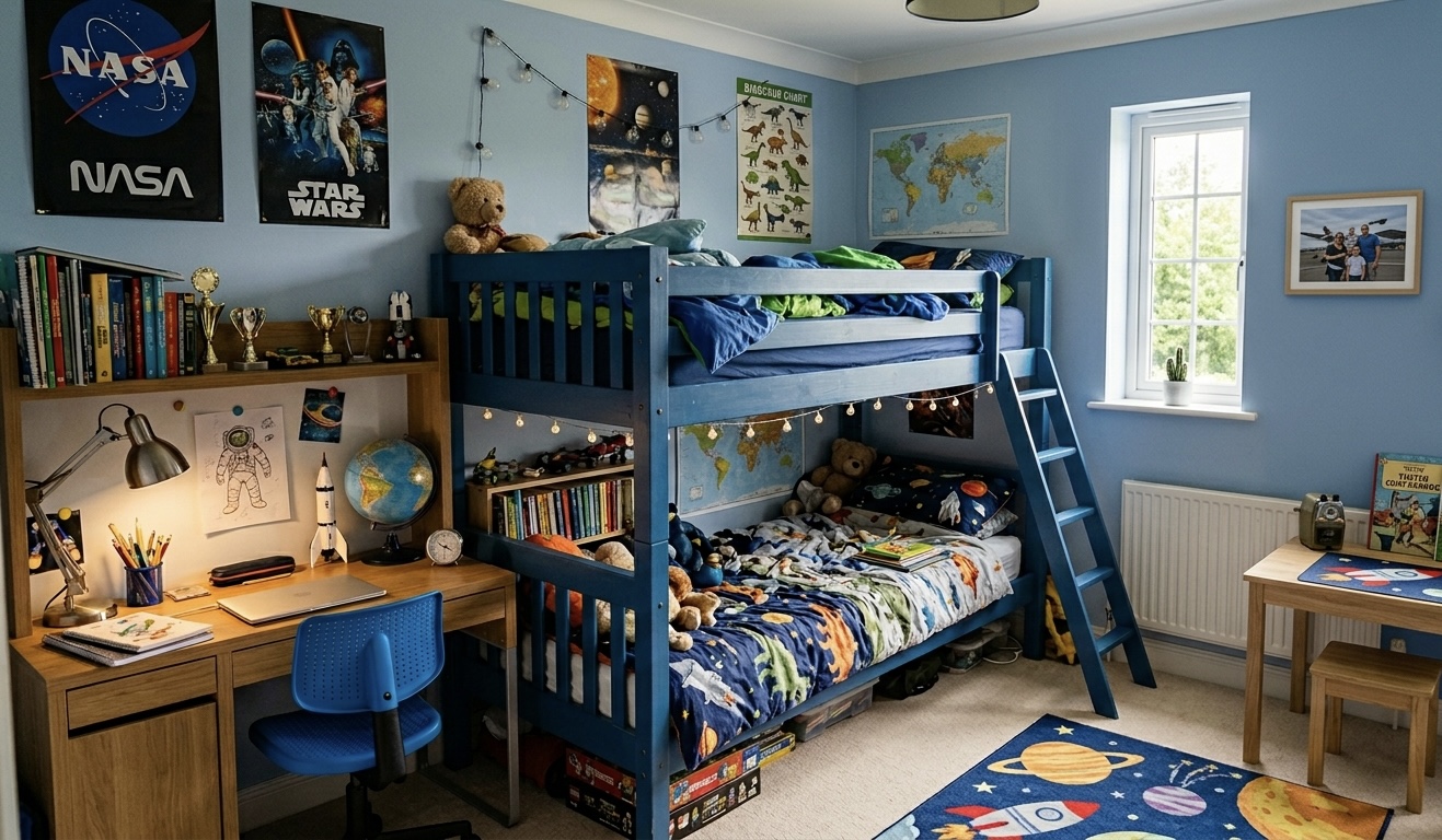 Before — cluttered kid's bedroom with NASA and Star Wars posters, blue walls, blue-painted bunk beds and space-themed bedding