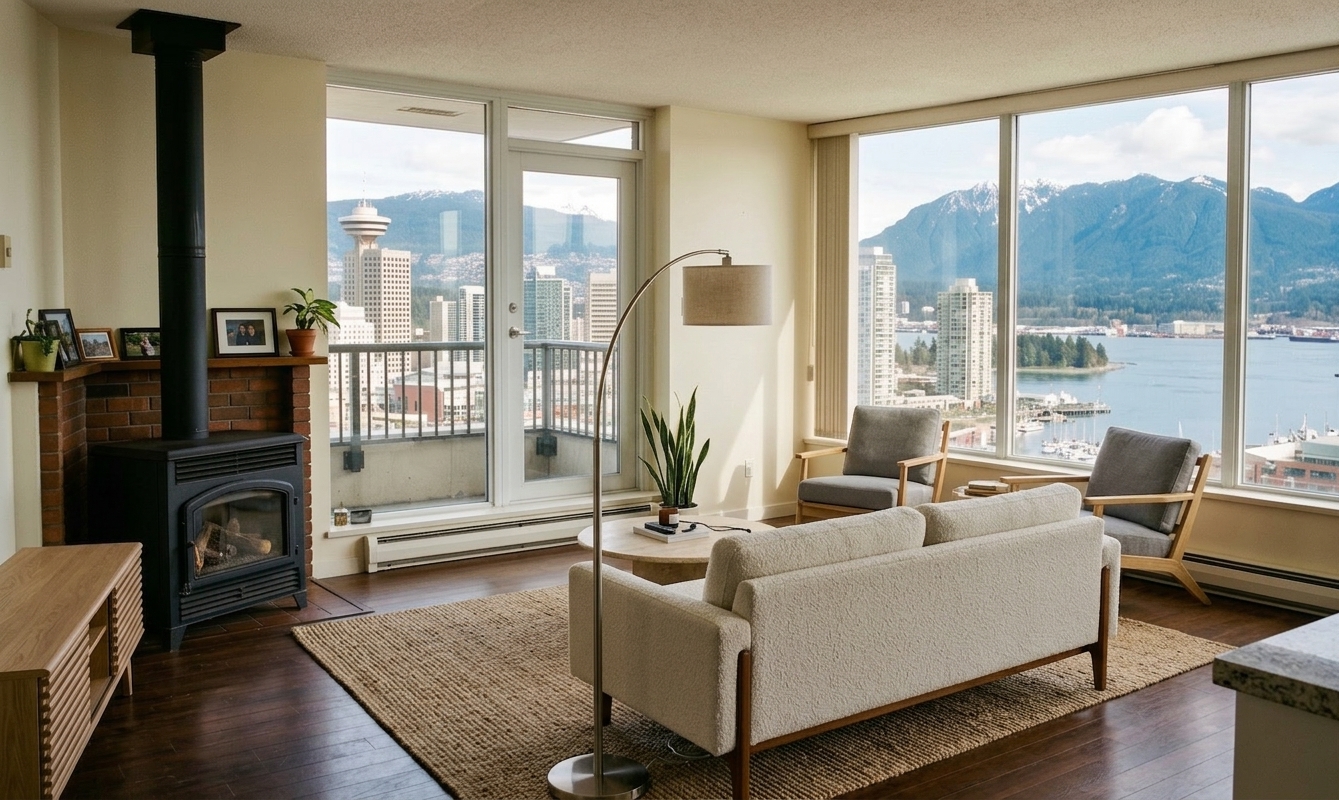 After — modern Scandinavian refresh with white boucle sofa, grey mid-century armchairs, arc floor lamp, jute rug, and tambour wood media console; same Vancouver harbour and mountain view preserved