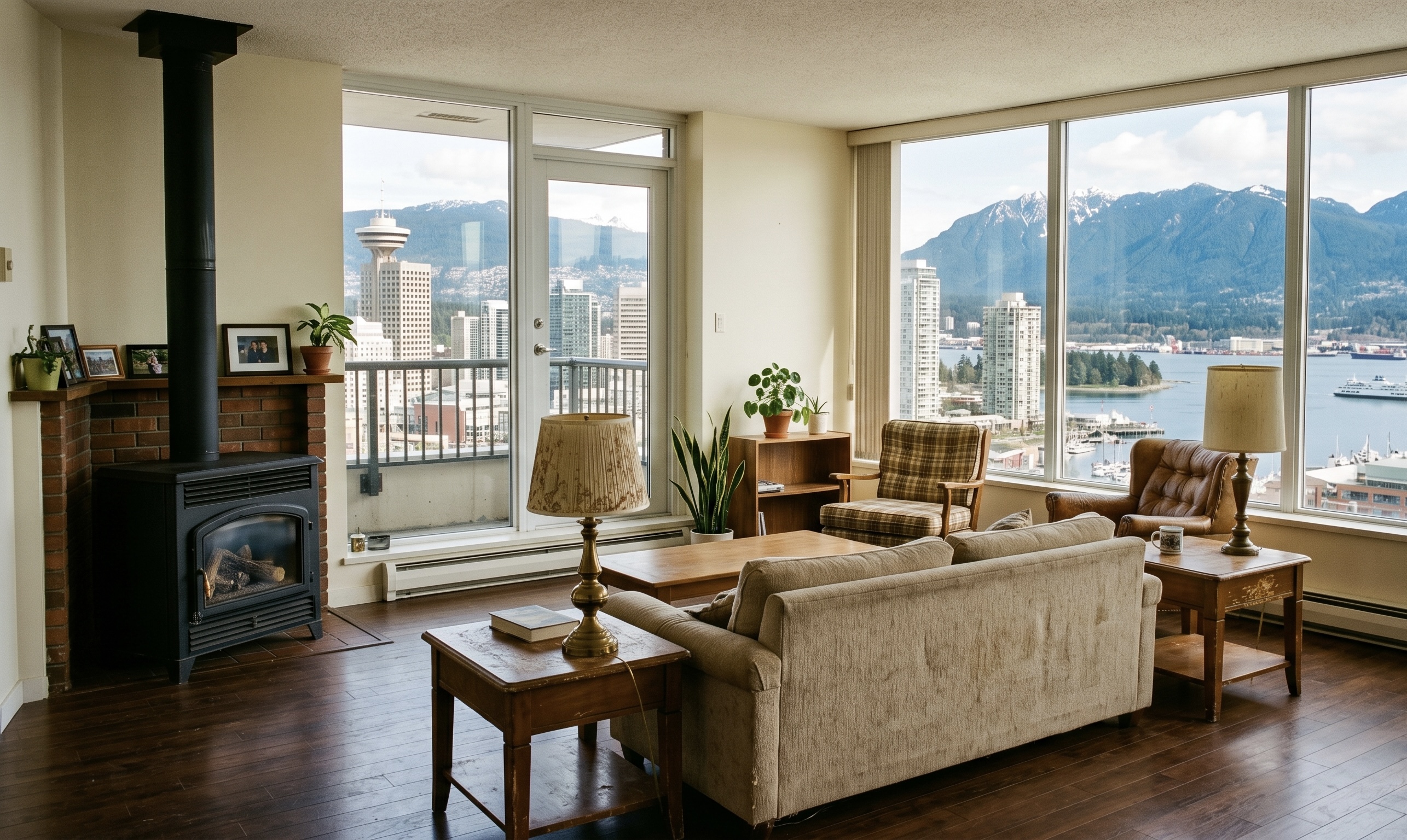 Before — dated condo living room with grey velvet sofa, plaid armchair, two brass fabric-shade lamps, and wood end tables; Vancouver skyline and North Shore mountains visible through windows